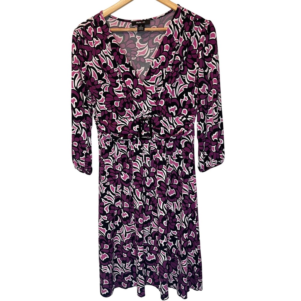 Style Co Womens Travel Dress Purple Pink Floral‎ Small 3/4 Sleeve Cinched Waist